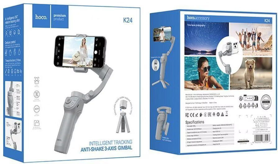 Hoco K24 smartphone gimbal packaging with images of a phone and person using the device.