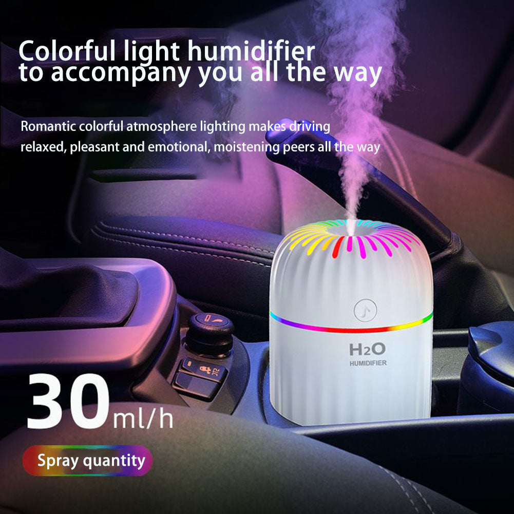 Car humidifier with colorful light emitting steam inside a vehicle, featuring text about its use and features.