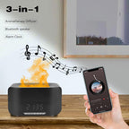3-in-1 aromatherapy diffuser with Bluetooth speaker and alarm clock on a wooden surface, with a hand holding a smartphone. Emiravaly