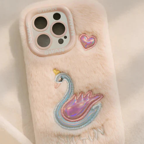 Phone case with a fluffy texture and a swan design on a light background