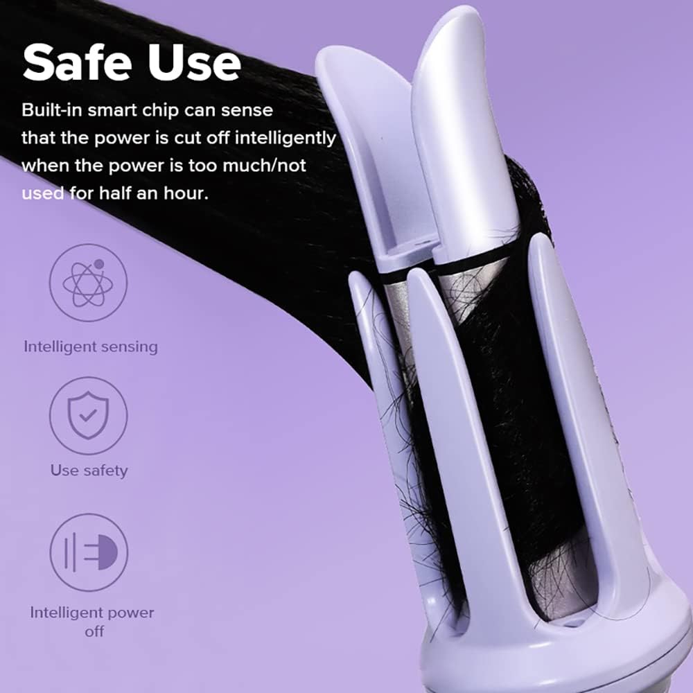 Hair removal device with text on safe use and features on a purple background