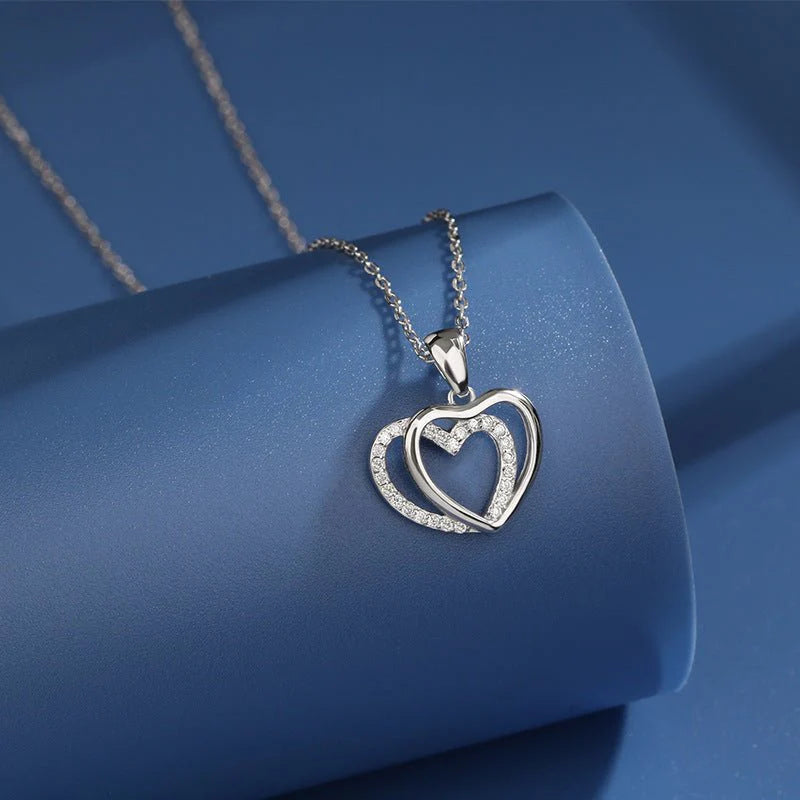 925 Sterling Silver Double Heart-Shaped Necklace for Women Summer
