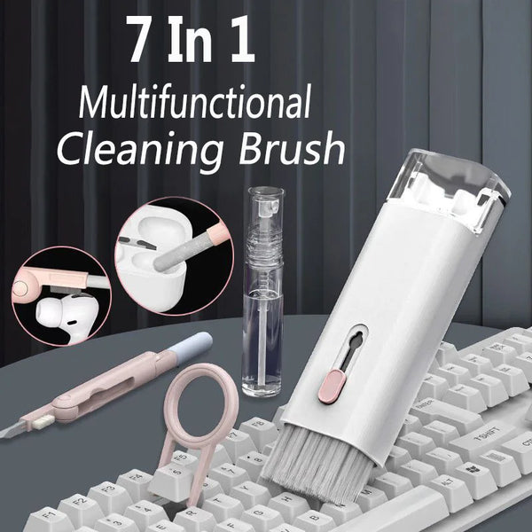 7-in-1 multifunctional cleaning brush with various uses on a keyboard.