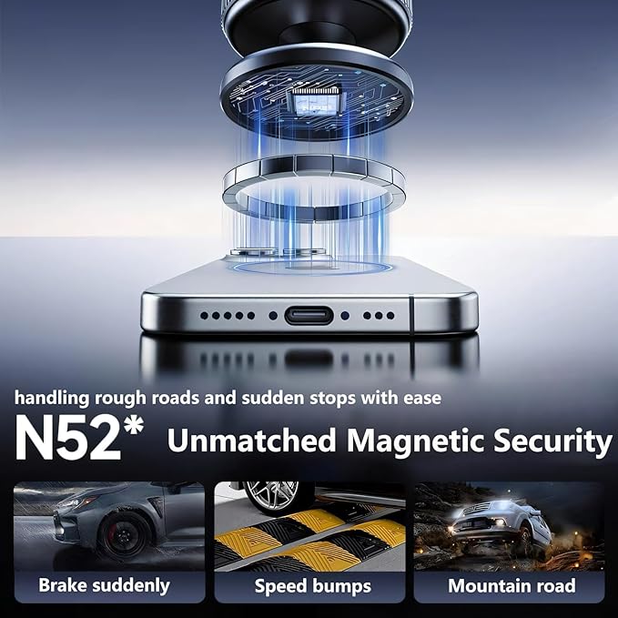 Electronic device with magnetic security feature on a reflective surface, featuring text about its capabilities.