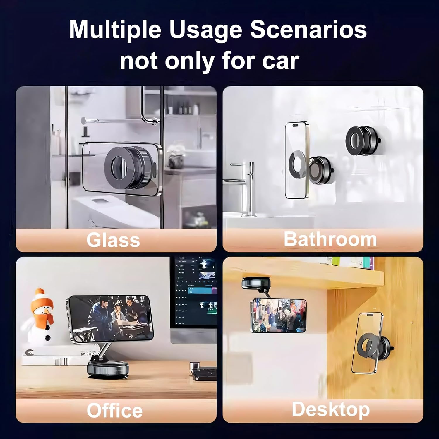 Product usage scenarios including glass, bathroom, office, and desktop environments.