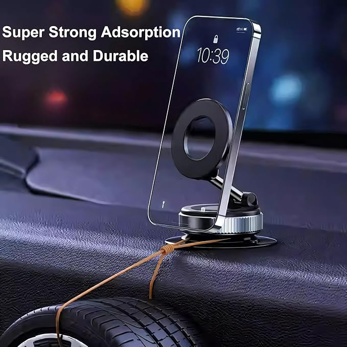 Phone holder on a car dashboard with text 'Super Strong Adsorption Rugged and Durable'.