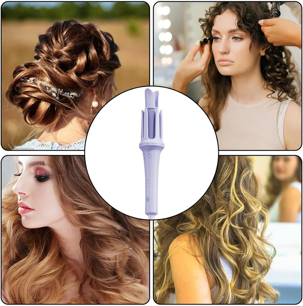 Collage of hairstyles with a close-up of a hair styling tool.
