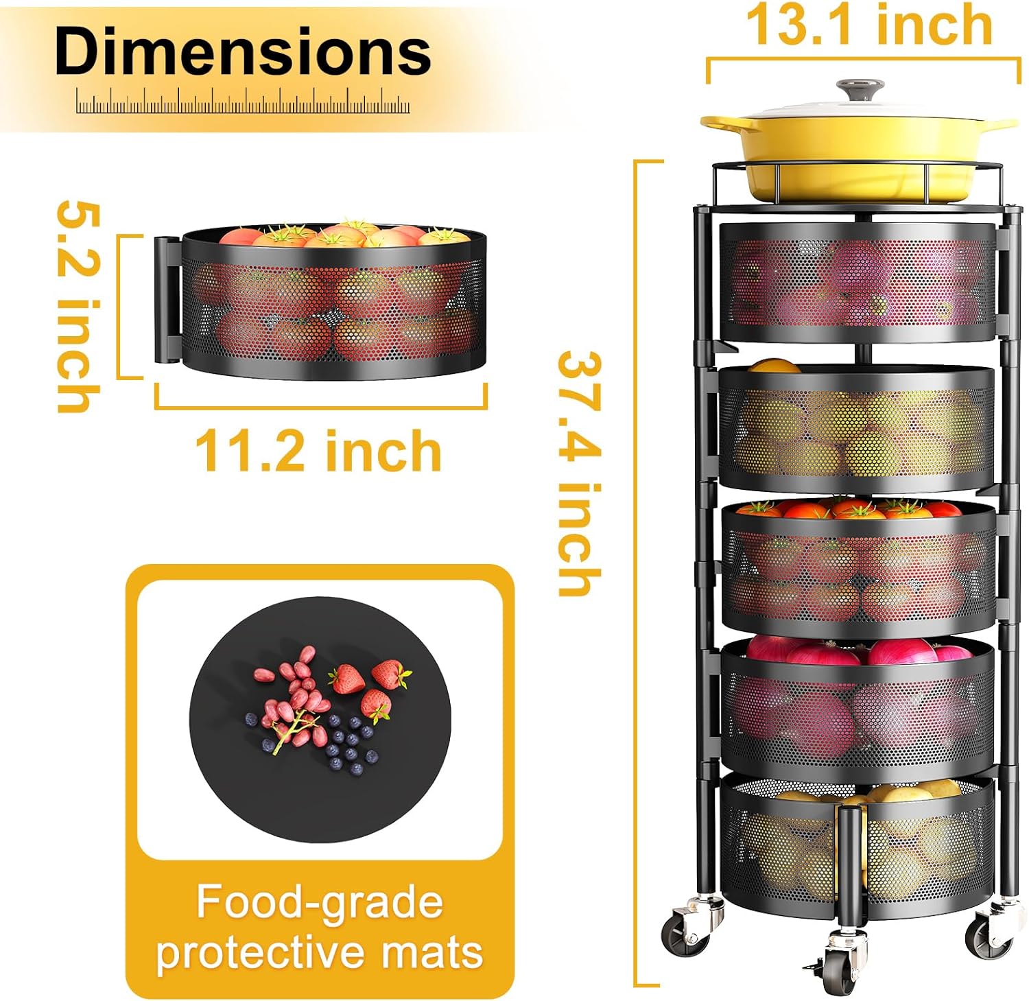 360° Rotating Fruit & Vegetable Basket with Wheels – Stylish Kitchen Storage | Emiravaly UAE