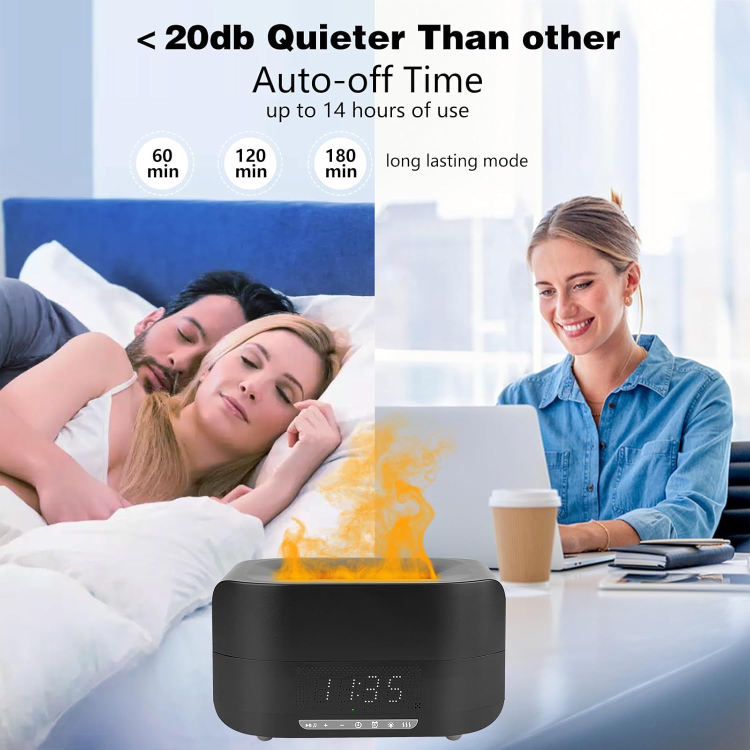 Black device with flame design on a table, people in bed, and a woman working on a laptop in the background. Emiravaly