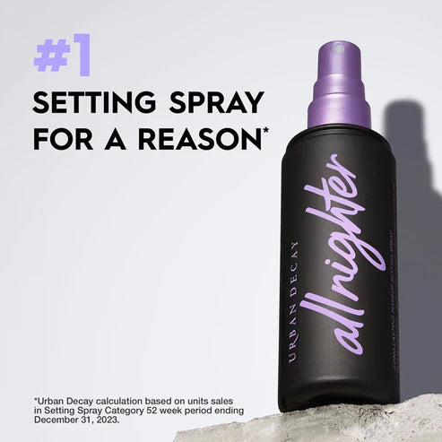 Black setting spray bottle with purple spray nozzle and 'allnighter' text on a light gray background. Emiravaly
