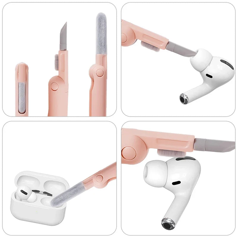 Collage of a pink hair straightener and white wireless earbuds with charging case.