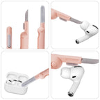 Collage of a pink hair straightener and white wireless earbuds with charging case.
