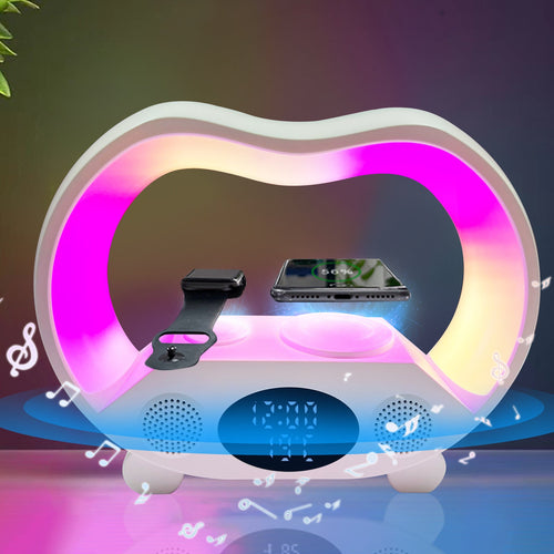 Colorful heart-shaped night light with phone holder and clock display on a dark background Emiravaly