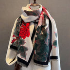 Floral patterned scarf draped over a mannequin against a gray background. Emiravaly uae