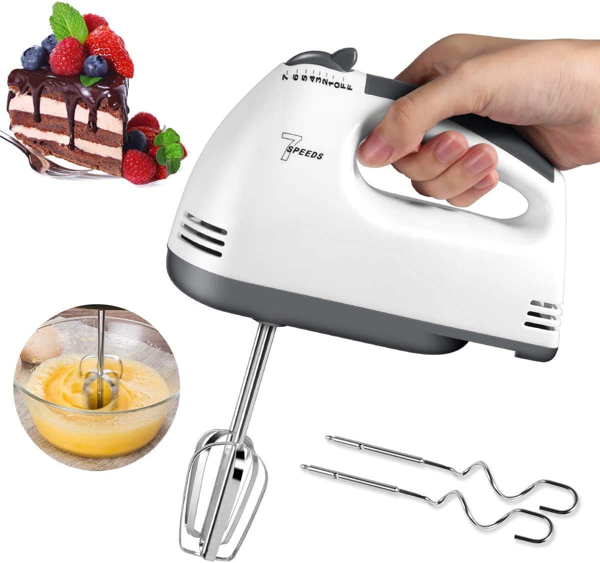 Hand mixer with attachments, hand holding it, and a slice of cake with berries on a white background Emiravaly uae