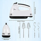 Handheld electric mixer with attachments and measurements on a light blue background emiravaly uae