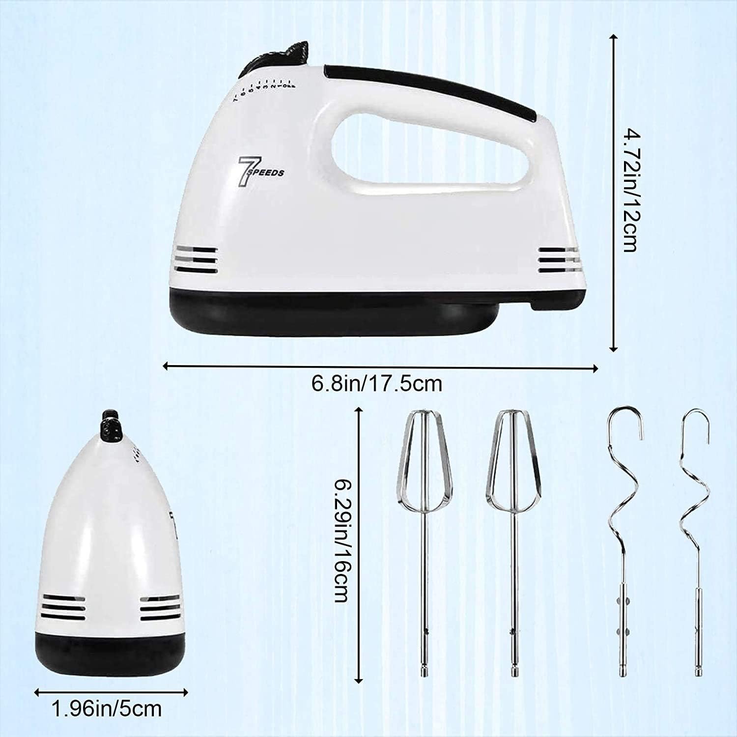 Handheld electric mixer with attachments and measurements on a light blue background emiravaly uae