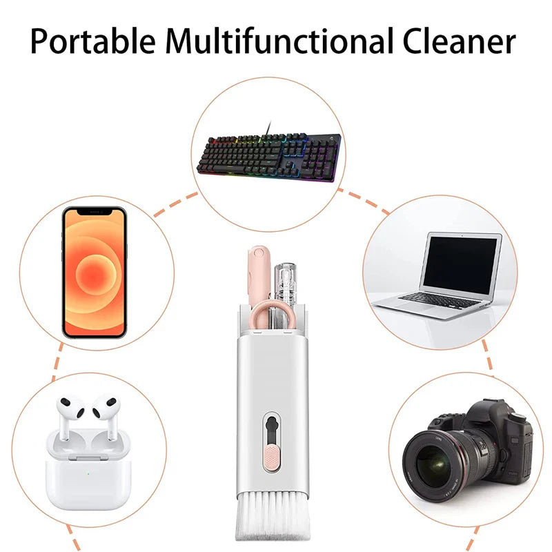 Portable multifunctional cleaner with cleaning tools and electronic devices it can clean.