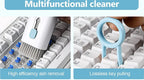 Multifunctional cleaner being used on a keyboard with text indicating high efficiency ash removal and lossless key pulling.