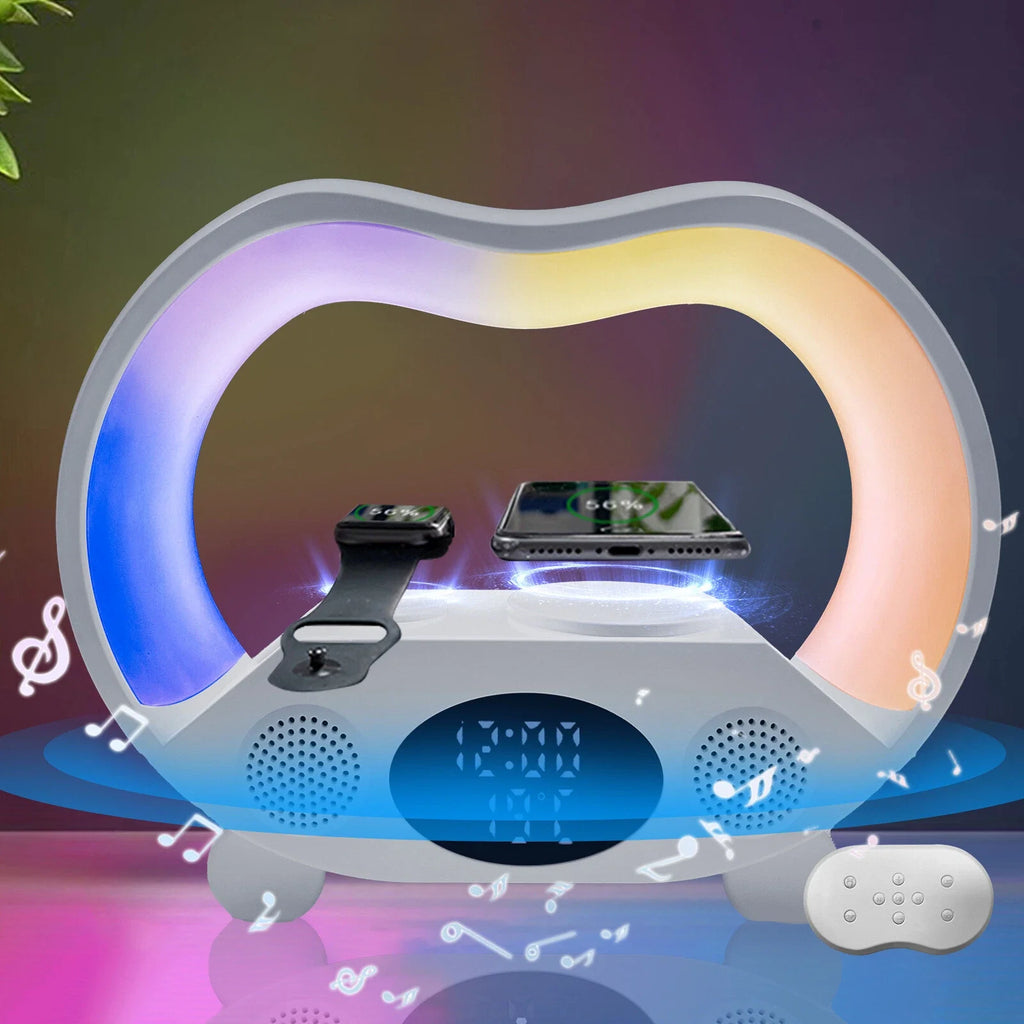 Multifunctional device with LED display, charging stations, and remote control on a colorful background Emiravaly