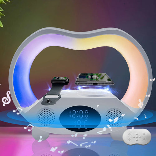 Multifunctional device with LED display, charging stations, and remote control on a colorful background Emiravaly