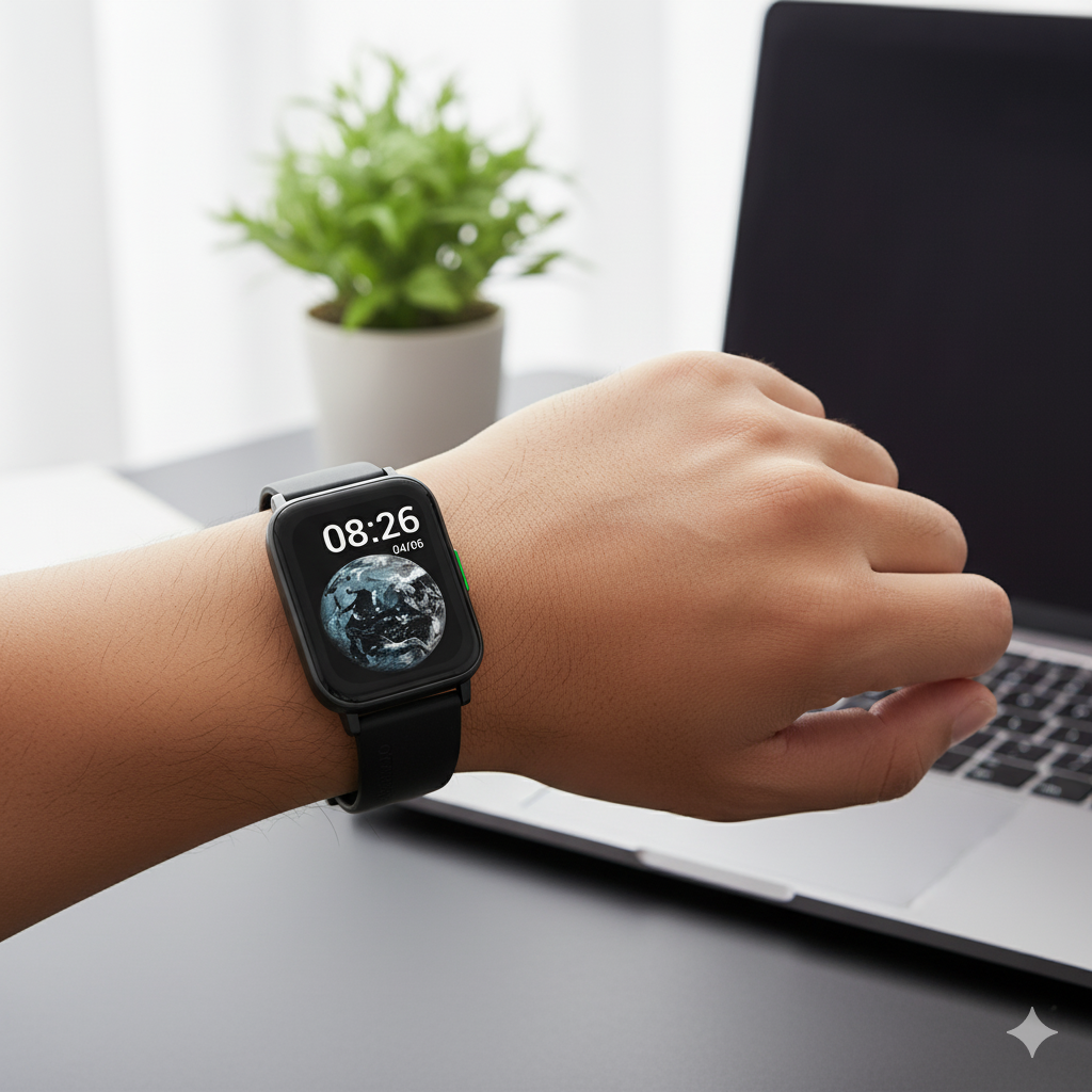 Person using a smartwatch with a laptop on a desk with a plant in the background