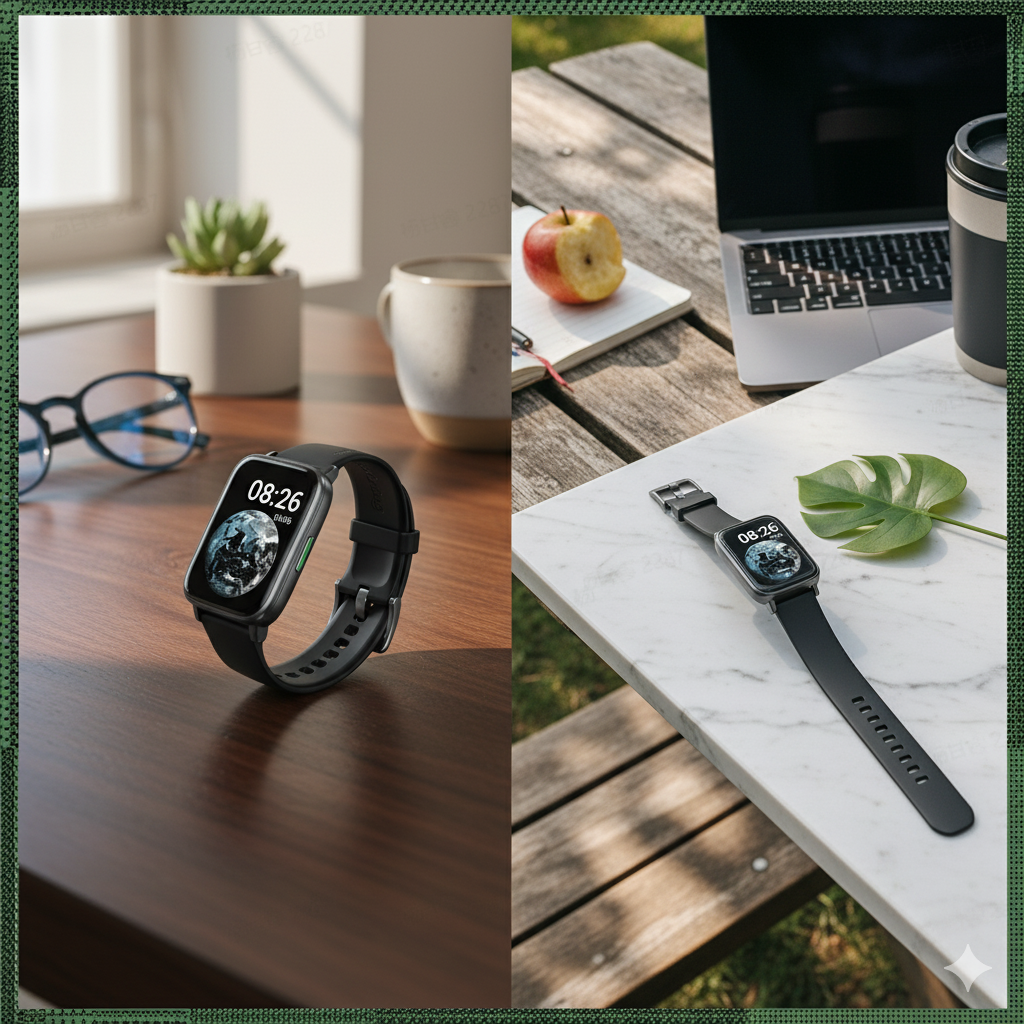 Smartwatch on a wooden table with glasses and a mug, and on a marble surface with a laptop and apple.