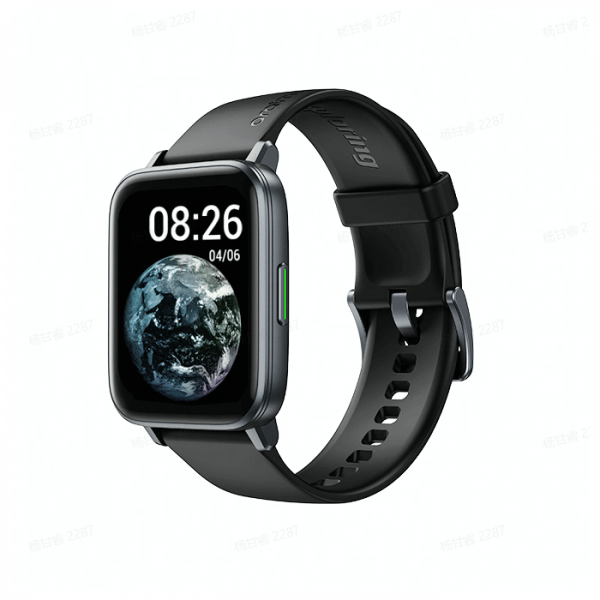 Black smartwatch with a display showing the time and date on a white background