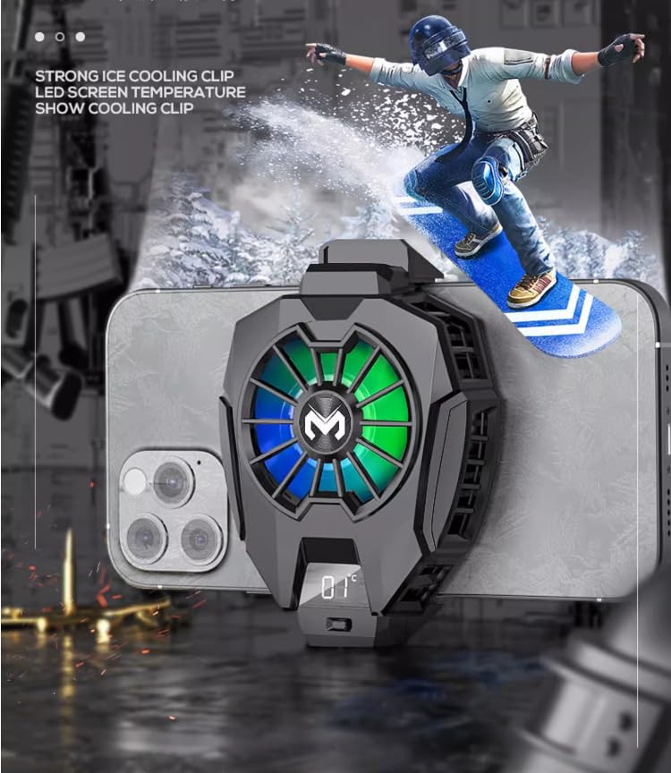 Phone case with cooling clip and LED screen temperature display, skateboarder in background Emiravaly