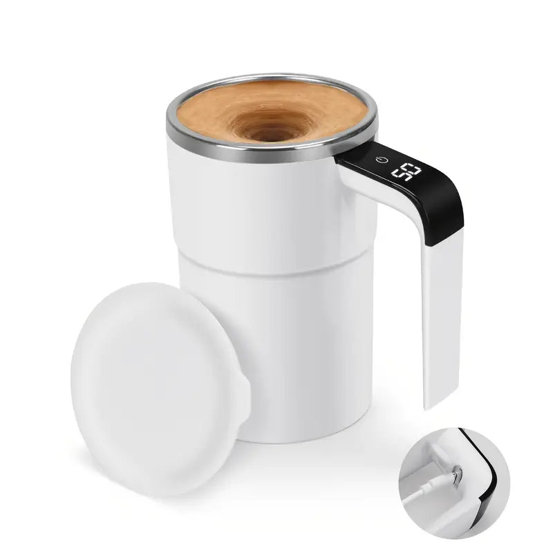 White coffee mug with wooden interior, black handle, and digital display on a white background