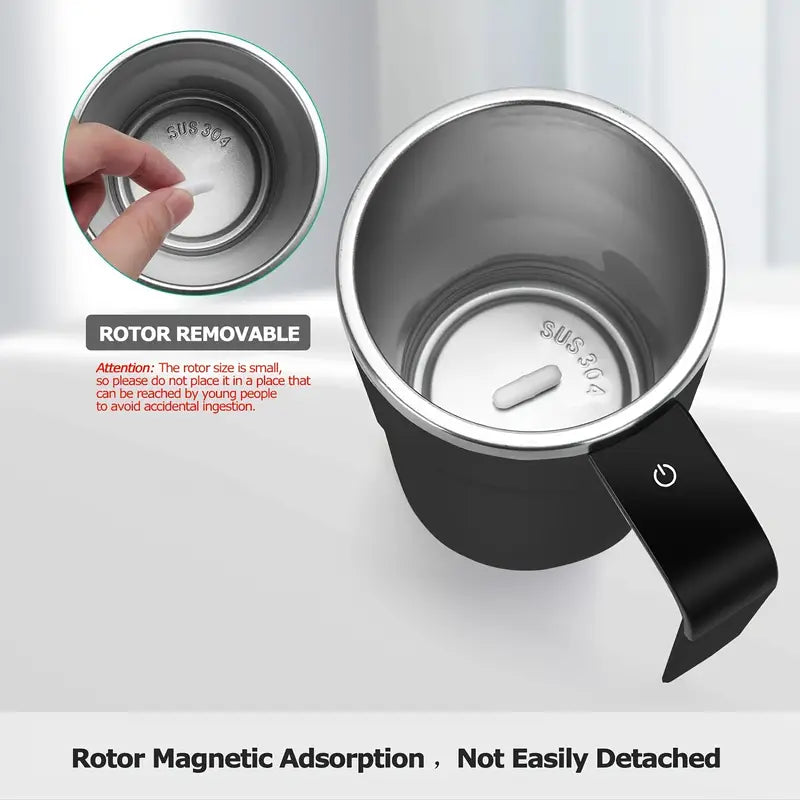 Stainless steel mug with rotor removal feature on a white background