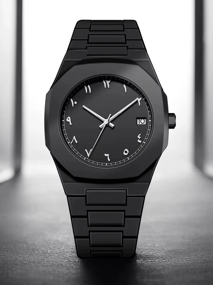 Black wristwatch with a minimalist design on a neutral background