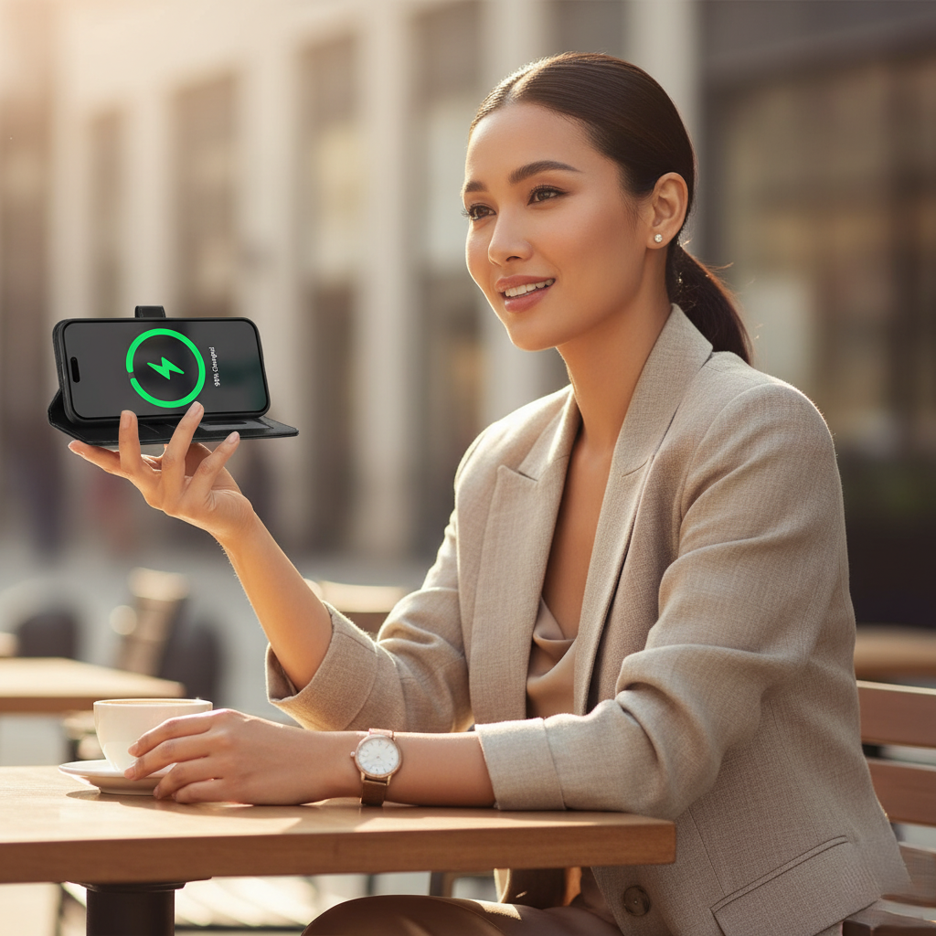 ZHUSE Wallet Wireless Power Bank – Premium Leather Magnetic Charger Wallet (Brown & Black Edition)