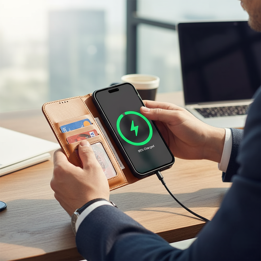 ZHUSE Wallet Wireless Power Bank – Premium Leather Magnetic Charger Wallet (Brown & Black Edition)