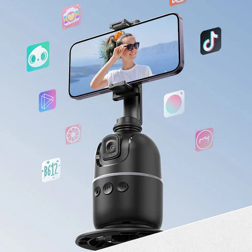 Smart camera with smartphone app icons on a blue background