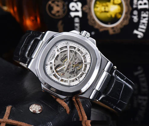 Barrel-Shaped Men’s Leather Strap Waterproof Mechanical Watch – Luxury Timepiece UAE
