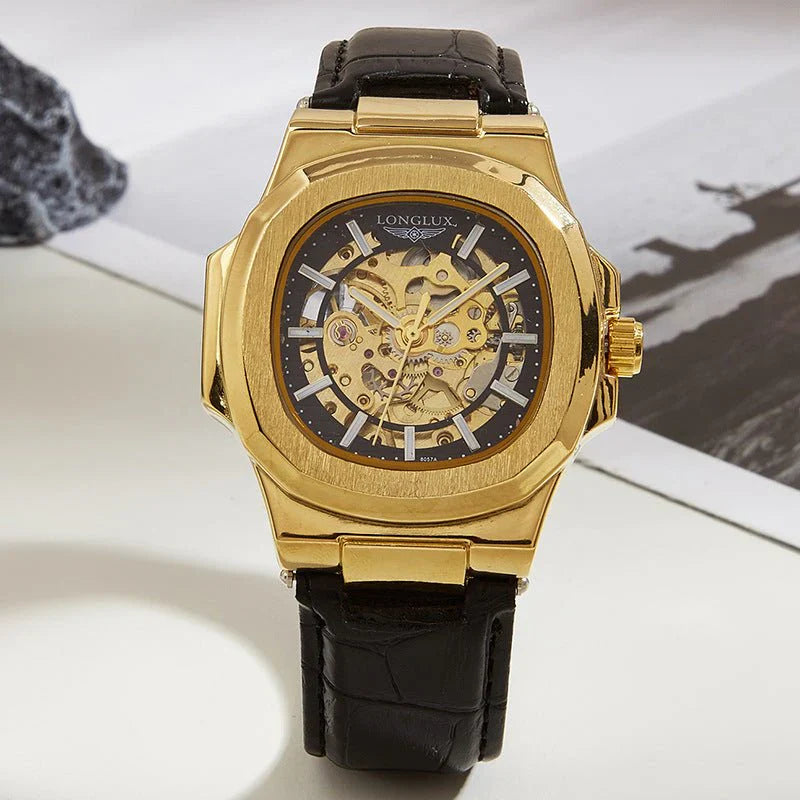 Barrel-Shaped Men’s Leather Strap Waterproof Mechanical Watch – Luxury Timepiece UAE