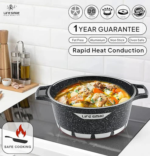 Black speckled cookware with food on a stove, featuring 'Life Smile' brand.Eiravaly uae