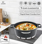 Black speckled cookware with food on a stove, featuring 'Life Smile' brand.Eiravaly uae