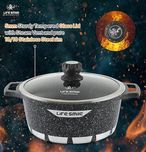 Life smile cookware with glass lid and speckled design on a fiery background Eiravaly uae