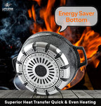 Cast iron pot with 'Life Smile' branding on a fiery background, emphasizing energy saving and heat transfer.Eiravaly uae