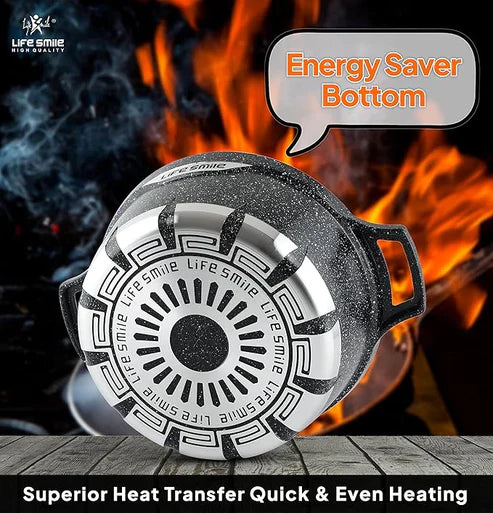 Cast iron pot with 'Life Smile' branding on a fiery background, emphasizing energy saving and heat transfer.Eiravaly uae