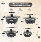 Set of Life Smile cookware with dimensions and safety features on a beige background Emiravaly uae