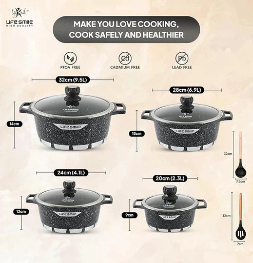 Set of Life Smile cookware with dimensions and safety features on a beige background Emiravaly uae