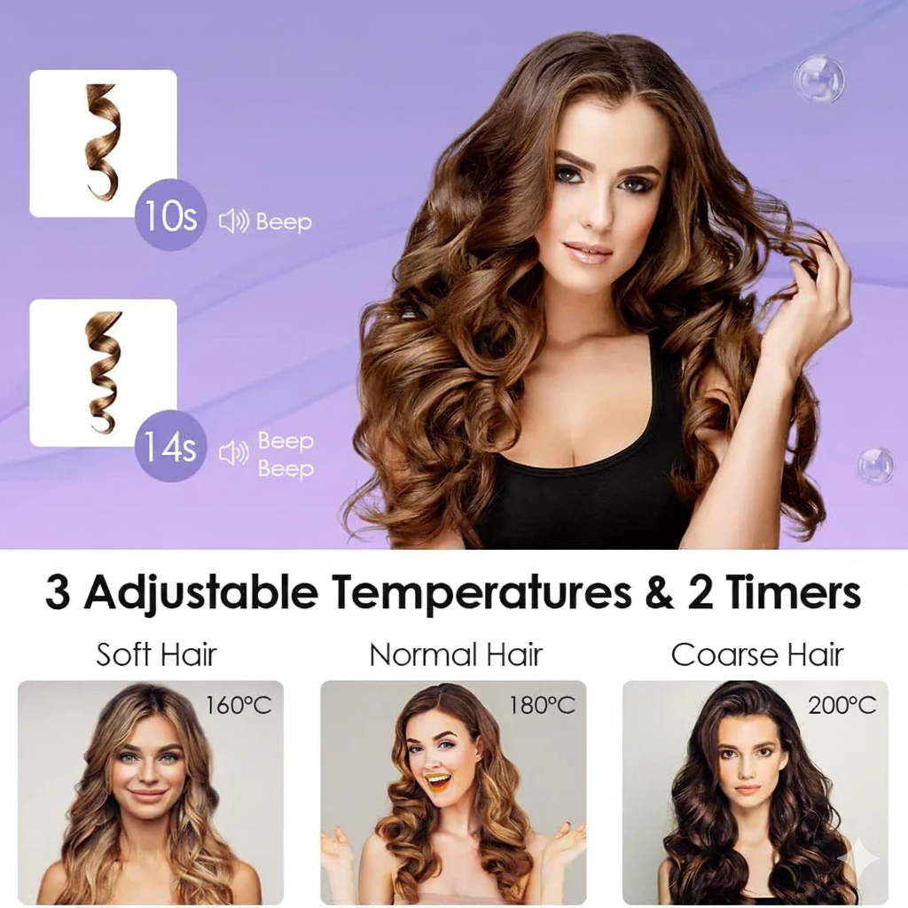 Woman with styled hair and text about adjustable temperatures and timers for hair styling devices.