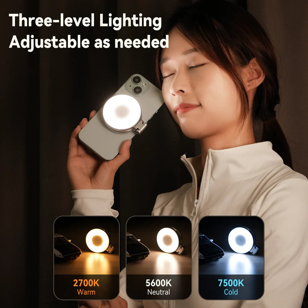 Person using a phone with a ring light, showing three-level lighting options. telesen emiravaly