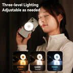 Person using a phone with a ring light, showing three-level lighting options. telesen emiravaly