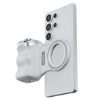 White electronic device with a cylindrical component on a white background