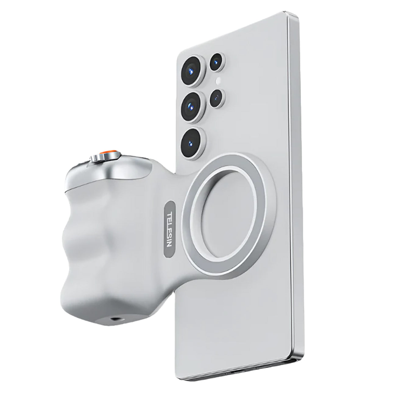 White electronic device with a cylindrical component on a white background