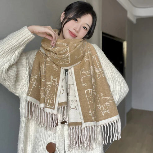Double-Sided Cashmere-Like Scarf – Thick Soft Winter Wrap with Cat Design | Emiravaly UAE